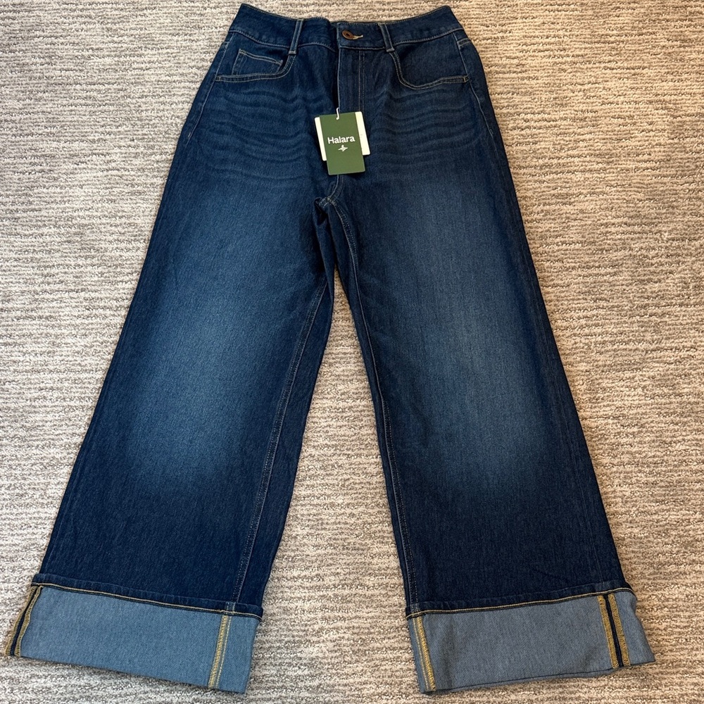 HALARA Women's Wide Leg Dark Blue Cuffed Jeans.  NEW WITH TAGS - Picture 6 of 10